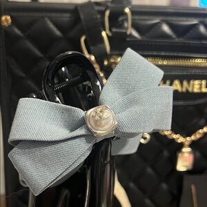 Light Blue Bow Hair Clip with Pearl Accent